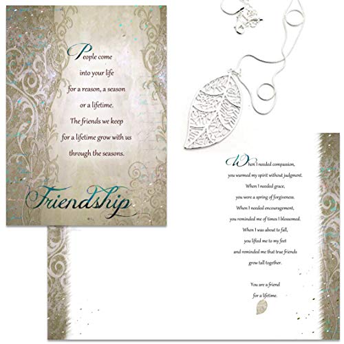 Smiling Wisdom - Friendship Greeting Card for Women and Leaf Necklace Gift Set - True Friends Grow Together - A Reason Season Lifetime Friend - Bestie BFF Woman - Green Card, Silver Leaf